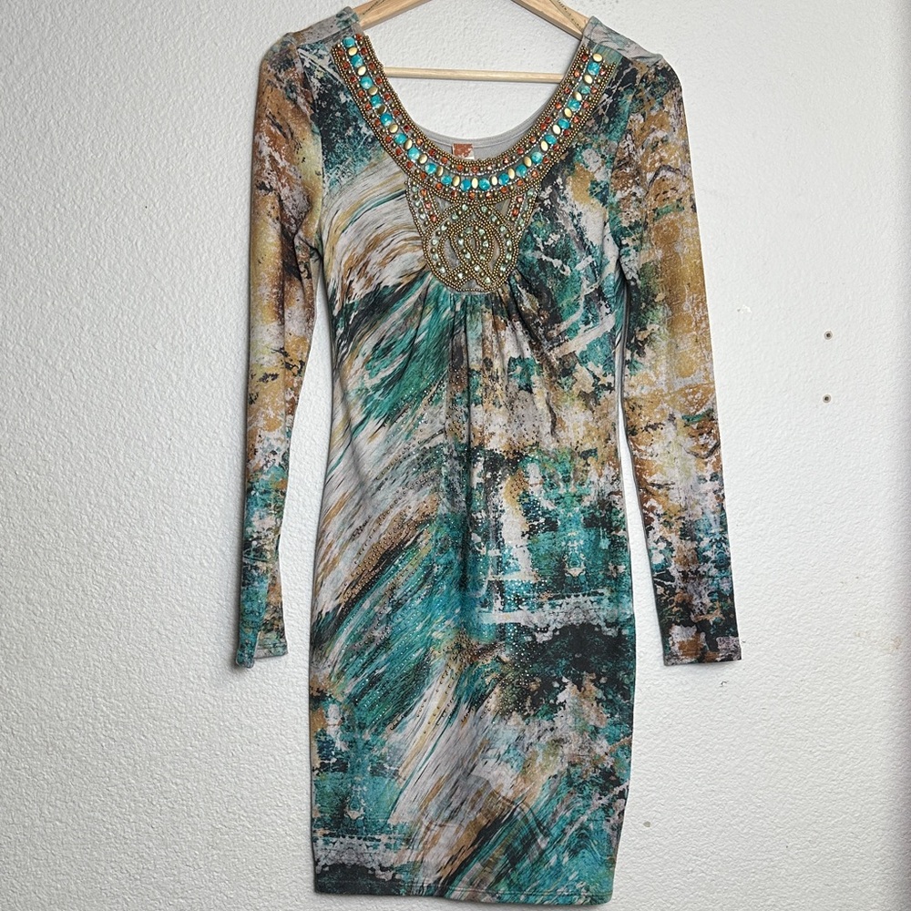 Embellished Beaded Neckline Abstract Bodycon Dress Size Small Boho Vintage NEW‎